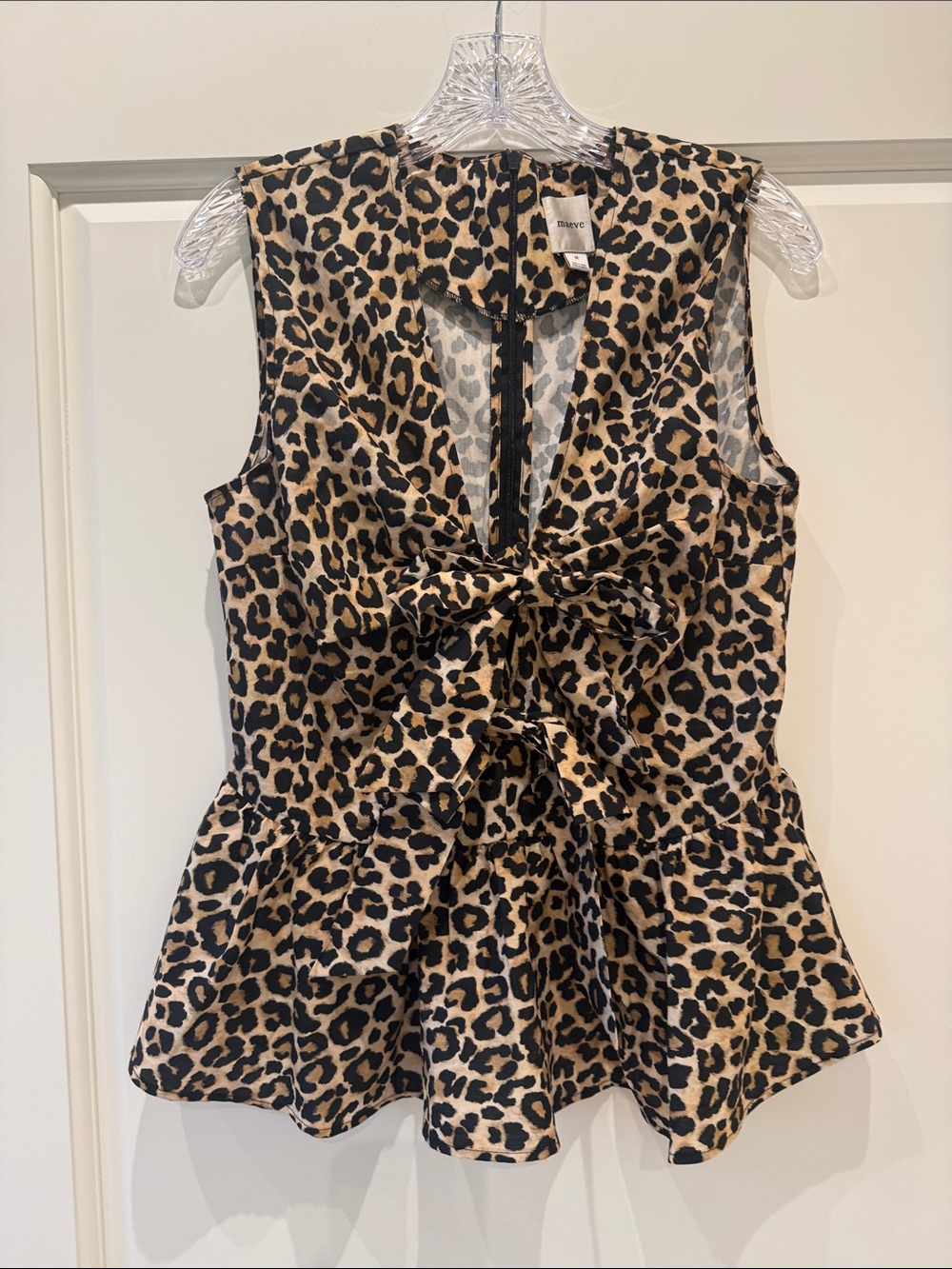 Maeve Leopard Print Cotton Tie-Front Peplum Tank Top - Black & Tan Size M
